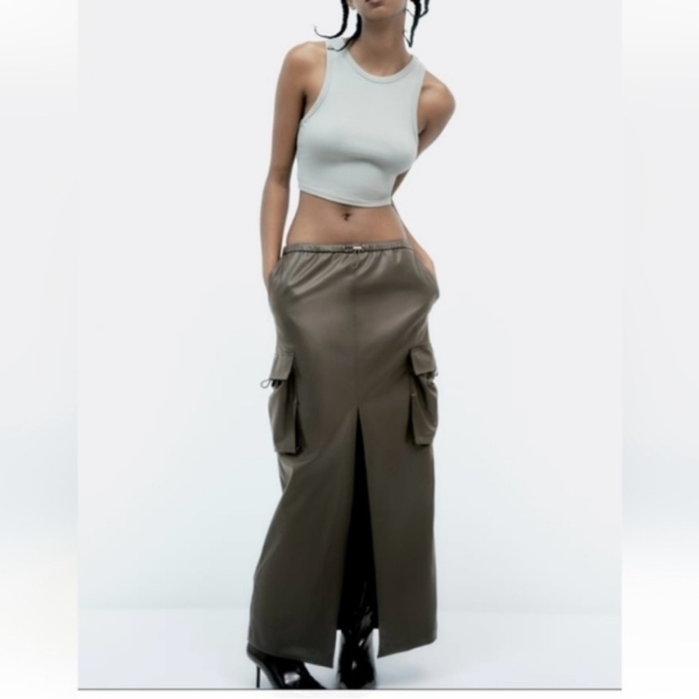 Green Faux Leather Cargo Skirt